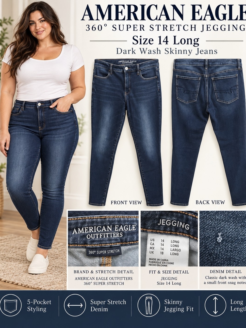 American Eagle Outfitters 360° Super Stretch Jegging jeans in a dark indigo wash